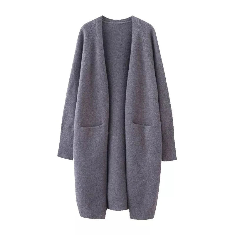 gilet long gris pour femme avec poche